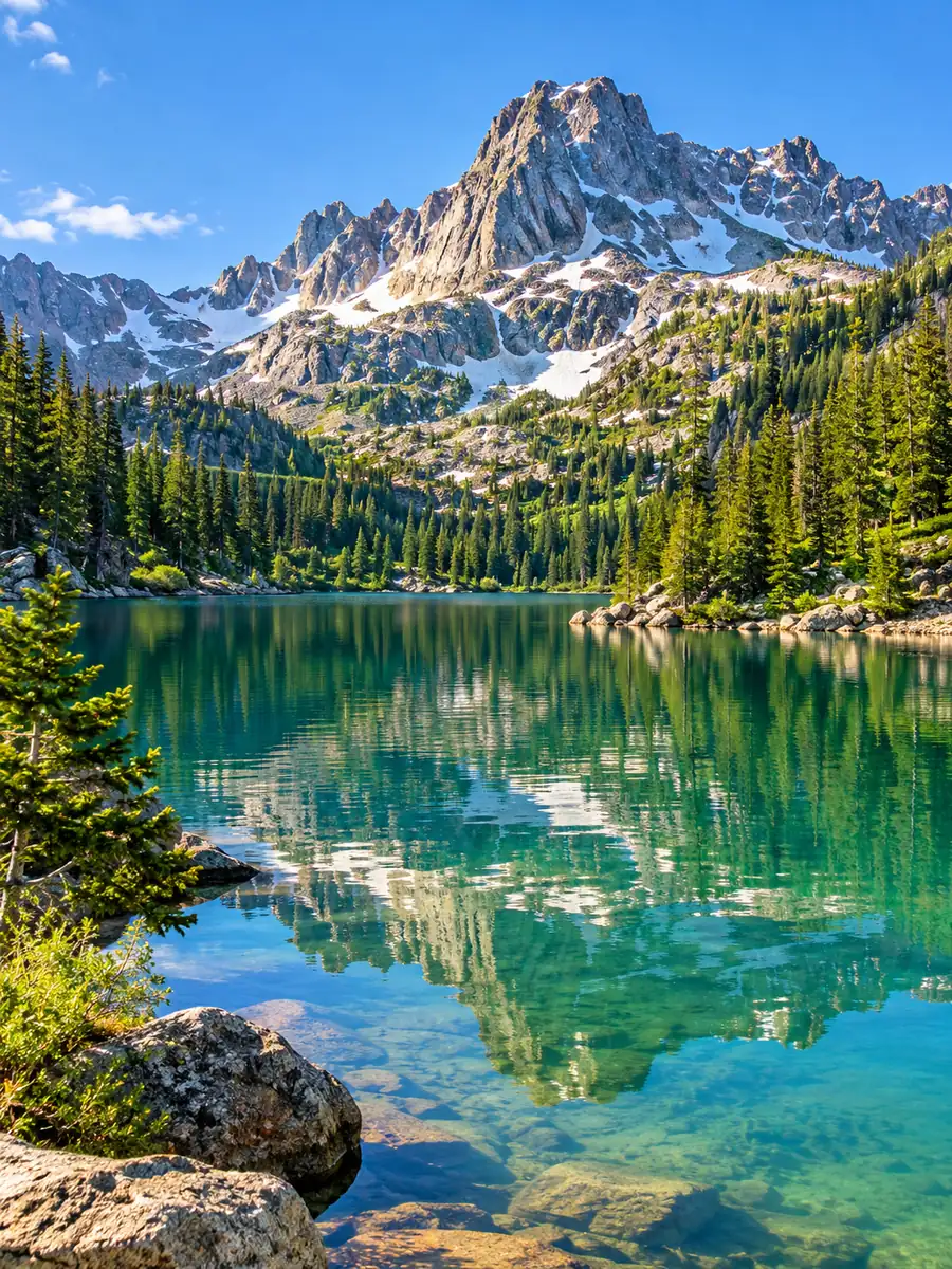 Ein klarer grüner Bergsee unter einem Granitgipfel an einem sonnigen Sommermorgen