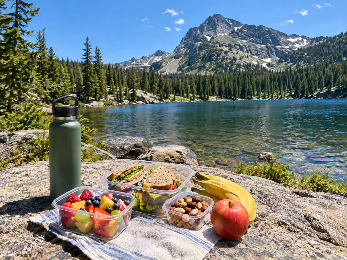 Ein Picknick mit Sandwiches und Obst auf einem Granitfelsen an einem Bergsee